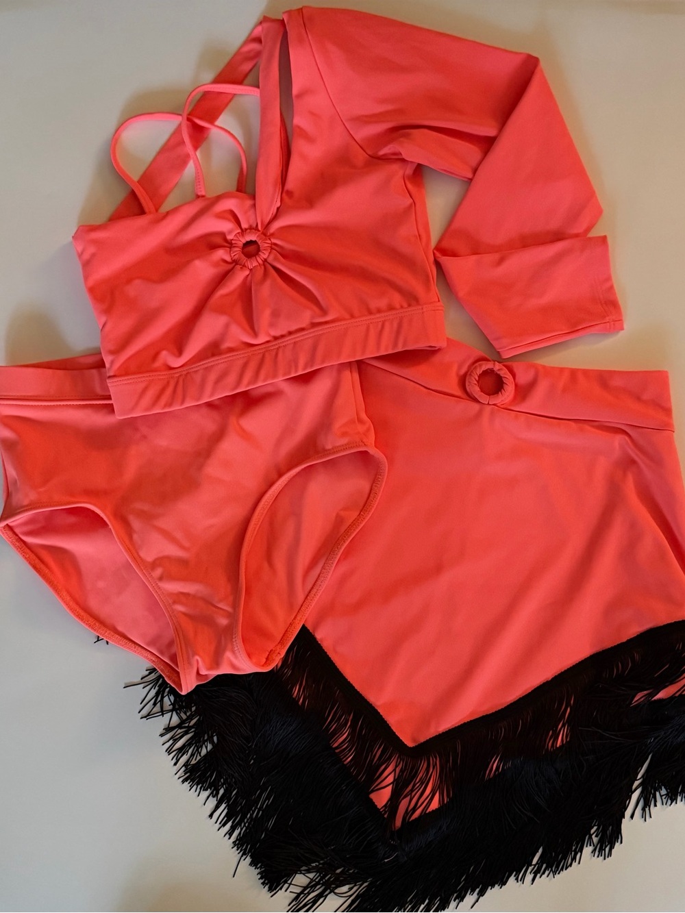 Tiger Friday blondie crop top, go2 briefs, and blondie ballroom skirt in coral
